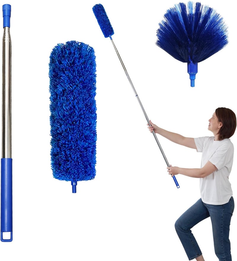 Ajedrmy Cobweb Dusters with Extension Pole 100-inch, Spider Web Brush & Ceiling Cleaning Kit, Washable Cleaning Duster Kit with 2 Duster Heads, Cobweb Duster, Corner Brush for Ceiling Fan, Furniture, Home - Image 1